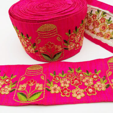 Pink Art Silk Trim With Floral Embroidery & Sequins, Red, Green And Gold Flower Embroidered Trim